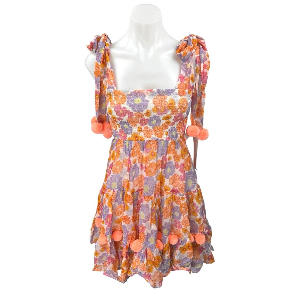 NEW Sundress Pippa Floral Orange Sleeveless Pom Pom  Mini Fit & Flare Dress XS